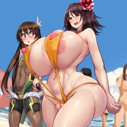 1boy 1girls age_difference bikini blush blushing breasts_bigger_than_head exibitionism female femboy flower_in_hair gigantic_breasts holding_hands kawahagitei long_hair medium_hair mizuki_shiranui pink_body plump_labia practically_nude shikanosuke_(taimanin_asagi) smiling surprised taimanin_(series) taimanin_rpgx taimanin_yukikaze