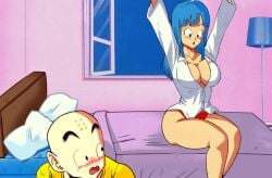 1boy 1girls bald blue_eyes blue_hair blush breasts cleavage curvy curvy_figure dragon_ball dragon_ball_z female_focus in_bed krillin kuririn maron pajamas salvamakoto tight_clothing