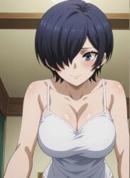 ai_generated asian asian_female athletic_female big_breasts black_hair blush hair_over_one_eye huge_breasts kirishima_touka light-skinned_female light_skin looking_at_viewer massive_breasts pov pov_eye_contact purple_eyes short_hair smiling solo_female squatting subaruarm sweat sweatdrop tank_top tokyo_ghoul voluptuous voluptuous_female