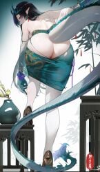 adjusting_clothes adjusting_legwear arknights artist_logo ass bare_back bead_bracelet beads black_hair bracelet butt_crack colored_extremities commentary_request dragon_horns dragon_tail dress dusk_(arknights) dusk_(everything_is_a_miracle)_(arknights) female foot_up from_behind full_body green_dress green_hands green_horns green_tail high_heels horns jewelry long_hair looking_at_viewer multicolored_hair official_alternate_costume omone_hokoma_agm paid_reward_available pantyhose pointy_ears pussy pussy_peek red_eyes shoulder_blades sidelocks solo streaked_hair tail torn_clothes torn_dress torn_pantyhose uncensored very_long_hair white_pantyhose