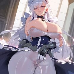 1girls ai_generated apron areola_slip areolae azur_lane bangs belfast_(azur_lane) blue_eyes blush braid breasts broken broken_chain chains cleavage collar collarbone dress eyebrows_visible_through_hair female fingering french_braid frilled_apron frilled_gloves frills gloves huge_breasts indoors large_breasts long_hair looking_at_viewer maid maid_headdress mature_female nipples pantyhose racerai silver_hair smile solo thick_thighs white_gloves white_legwear window