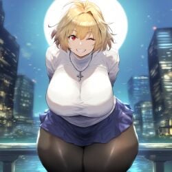 ahoge ai_generated alternate_body_type alternate_breast_size arcueid_brunestud background big_breasts black_pantyhose blonde_hair breasts breasts_bigger_than_head chubby chunky city city_background curvy curvy_figure fat gigantic_breasts huge_breasts jewelry large_boobs large_breasts lingerie mature mature_body mature_figure meaty melty_blood necklace pantyhose plump pout red_eyes short_hair sweater thicc thick thick_thighs thighs top_heavy tsukihime type-moon vampire vampire_girl venus_body voluptuous wide wide_hips