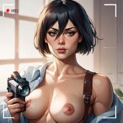 ai ai_generated attack_on_titan bare_shoulders big_breasts black_hair camera camera_pov mikasa_ackerman nipples shingeki_no_kyojin