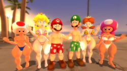 3boys 3d 3girls alternate_version_available beach big_breasts big_thighs bikini black_eyes blonde_hair blue_eyes boots boxers breasts brown_hair cap crown curvy earrings female flower_earrings ginger_hair gloves heels_removed light-skinned_female light-skinned_male light_skin lips lipstick long_hair looking_at_viewer luigi male mario mario_(series) moustache multiple_boys multiple_girls nintendo nipples open_mouth outdoors pink_lipstick princess_daisy princess_peach shoes shoulder_length_hair speedo swimsuit thhypercombine thighs toad_(mario) toadette twintails white_gloves