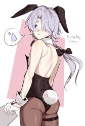 bana_gameg blue_eyes blue_hair bunny_ears bunny_tail bunnysuit embarrassed femboy male_only misha_(honkai:_star_rail) nervous tears tight_clothing twink