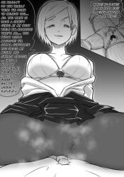 1boy 1girls black_and_white clothed_female clothed_male femdom giantess grinding grinding_through_clothes gtstamago jujutsu_kaisen kugisaki_nobara larger_female macro micro mocking musk nobara size_difference smaller_male smug smug_face steam tagme text