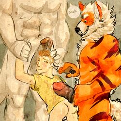 3boys arcanine canine dowski furry gay human interspecies male male_only mammal muscular nintendo penis pokemon pokemon_(species) size_difference video_games