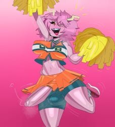 1futa ashido_mina balls_outline balls_under_clothes black_sclera blush boku_no_hero_academia cheerleader cheerleader_outfit cheerleader_uniform clothed clothing erection fully_clothed futa_only futanari getting_erect horns mina_ashido my_hero_academia partially_retracted_foreskin pink_body pink_skin pinky_(my_hero_academia) precum retracted_foreskin tayuri