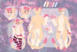 2017 alex_ocean anthro ass balls bulge clothing ear_piercing felid felidae feline femboy fur genitals humanoid_genitalia humanoid_penis industrial_piercing legwear lion male male/male mammal model_sheet pantherine penis piercing solo strawberrymilk tail tail_tuft thigh_highs tuft underwear