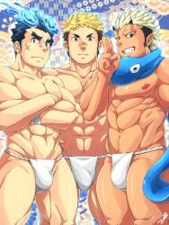 3boys abs aura bandaid bara beefy big_areola big_breasts black_eyes black_hair blonde_hair blue_aura blue_border brown_hair bulge bulge_through_clothing crossed_arms floral_background frown fundoshi fundoshi_only grin hi_res horn ikutoshi jiraiya_(tokyo_afterschool_summoners) looking_at_viewer male male_only mature_male multicolored_hair muscles muscular muscular_arms muscular_legs muscular_male muscular_thighs ninja pecs pointy_ears rokushaku_fundoshi scar scar_on_face scarf short_hair sideburns six_pack slime spiky_hair standing stern_expression taped_wrists tepen_(tptptpn) thick_arms thick_eyebrows thick_thighs toji_(tokyo_afterschool_summoners) tokyo_afterschool_summoners tough_guy white_fundoshi white_hair yellow_eyes