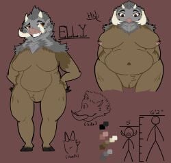 absurd_res anthro belly big_breasts breasts brown_body brown_fur bullfango capcom character_name chart chest_tuft crimsontyd female fur genitals grey_body grey_fur hairy hands_behind_back hands_on_hips height_chart hi_res hooves horn looking_at_viewer looking_down looking_down_at_viewer mammal model_sheet mohawk monster_hunter multicolored_body nipples orange_eyes pink_nose primatius pubes pussy short_stack side_view simple_background slightly_chubby smile solo solo_focus speech_bubble stick_figure suid suina sus_(pig) text tuft tusks wild_boar