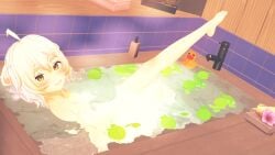 1girls bath bathroom feet female ferret_girl indie_virtual_youtuber laimu leg_up legs limes rubber_duck soap solo solo_female virtual_youtuber water wet white_hair