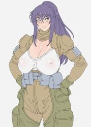 1girls large_breasts looking_at_viewer onsen_tamago_(hs_egg) purple_hair smile ssolo standing uniform