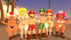 3boys 3d 3girls alternate_version_available beach big_breasts big_thighs bikini black_eyes blonde_hair blue_eyes boots boxers breasts brown_hair cap crown curvy earrings female flower_earrings ginger_hair gloves heels light-skinned_female light-skinned_male light_skin lips lipstick long_hair looking_at_viewer luigi male mario mario_(series) moustache multiple_boys multiple_girls nintendo nipples open_mouth outdoors pink_lipstick princess_daisy princess_peach shoes shoulder_length_hair speedo swimsuit thhypercombine thighs toad_(mario) toadette twintails white_gloves