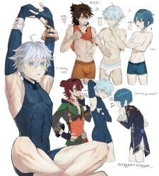 3boys abs armpits bana_gameg bare_armpits blue_eyes blue_hair bodysuit boxers briefs briefs_only bulge bulge_through_clothing chongyun_(genshin_impact) embarrassed femboy gaming_(genshin_impact) gay half_naked hourglass_figure love_triangle male_only midriff navel penis_bulge red_hair shaved_armpit shirtless thick_thighs tight_clothing tighty_whities twink underwear v-line v_shape xingqiu_(genshin_impact)