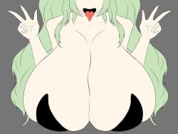 black_bunnysuit breasts_bigger_than_head breasts_focus bunnysuit cleavage goddess_of_victory:_nikke green_hair huge_breasts huge_cleavage nakanonsfw_(artist) peace_sign soda_(nikke) soda_(twinkling_bunny)_(nikke) tongue_out