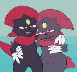 2017 anthro blush duo fangs female lips navel nintendo nude perfectlynormal pokemon pussy standing tongue tongue_out video_games weavile