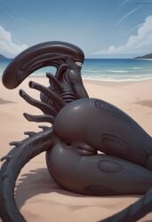 ai_generated alien alien_(franchise) ass asshole beach bigbluetits black_body female_xenomorph innie_pussy laying_on_side smile tail xenomorph