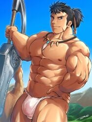 1boy abs bara beefy big_breasts black_hair blue_eyes bulge bulge_through_clothing capcom eight_pack field_team_leader fundoshi fundoshi_only great_sword hands_on_hips hi_res holding_object long_hair looking_at_viewer male male_only mature_male monster_hunter monster_hunter_world muscles muscular muscular_arms muscular_legs muscular_male muscular_thighs necklace outdoors pecs ponytail rokushaku_fundoshi scar scar_on_face six_pack smile solo tepen_(tptptpn) thick thick_arms thick_thighs topless tough_guy underwear_only white_fundoshi