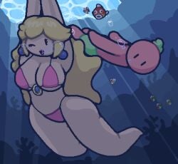 big_breasts big_thighs bubbles cheep_cheep mario_(series) okami_tomato pink_bikini princess_peach super_mario_bros. swimming tomato_(okami_tomato) underwater