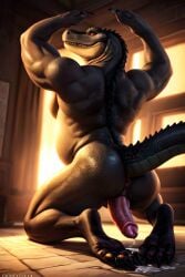 ai_generated anthro anthro_only anus belly big_penis crocodile crocodilian cum cum_puddle feet flexing from_behind male male_only moobs muscular muscular_male penis presenting scalie smile solo solo_male tail toe_claws toes veiny_penis