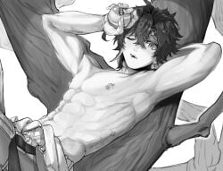 abs armpits bana_gameg gay half_naked kinich_(genshin_impact) midriff navel nipple_piercing nipples shaved_armpit tattoo twink