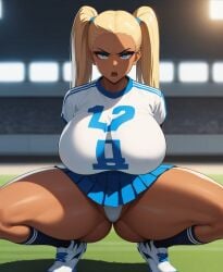 ai_generated blonde_hair dark_skin huge_breasts mad skirt soccer soccer_uniform squatting thick_thighs thong twintails