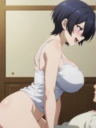 1boy 1girls ai_generated asian asian_female athletic_female bare_legs big_breasts black_hair hair_over_one_eye huge_breasts huge_thighs implied_sex kirishima_touka light-skinned_female light_skin massive_breasts purple_eyes short_hair sideboob smiling squatting subaruarm sweat sweatdrop tank_top thick_thighs thighs tokyo_ghoul voluptuous voluptuous_female