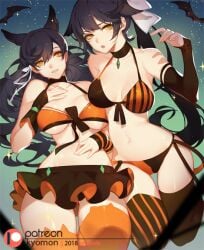 2girls adult adult_female armpits atago_(azur_lane) azur_lane bare_arms bare_belly bare_chest bare_hands bare_hips bare_midriff bare_navel bare_shoulders bare_skin bare_thighs belly belly_button bikini bikini_bottom bikini_only bikini_top black_hair black_hair_female blue_background breasts brown_bikini brown_bikini_bottom brown_bikini_top brown_choker brown_legwear brown_skirt brown_sleeves brown_stockings brown_string_bikini brown_swimsuit brown_swimwear brown_thighhighs busty busty_female busty_girl choker cleavage closed_mouth_smile collarbone curvy curvy_body curvy_female curvy_figure curvy_hips curvy_thighs dot_nose elbows exposed exposed_armpits exposed_belly exposed_midriff exposed_shoulders exposed_thighs female female_only fingernails fingers front-tie_bikini front-tie_bikini_top front-tie_top gradient_background green_background groin hair_between_eyes hair_ribbon hand_on_belly hand_on_chest hand_on_own_belly hand_on_own_chest hand_on_own_stomach hand_on_stomach hourglass_figure knees knees_together kyomon large_breasts laying_down laying_on_back lean_body lean_figure legs legs_together legwear light-skinned_female light_skin lips long_hair looking_at_viewer mature mature_female multiple_females multiple_girls narrow_waist navel on_back open_mouth orange_bikini orange_bikini_bottom orange_bikini_top orange_legwear orange_skirt orange_sleeves orange_stockings orange_string_bikini orange_swimsuit orange_swimwear orange_thighhighs parted_lips pussy ribbon sakura_empire_(azur_lane) shoulders side-tie_bikini simple_background skirt sleeves slender_body slender_waist slim_girl slim_waist smile smiley_face smiling smiling_at_viewer smirk songjikyo stockings string_bikini swimsuit swimwear takao_(azur_lane) thick_thighs thigh_gap thighhighs thighs thin_waist tongue upper_body v-line white_hair_ribbon white_ribbon wide_hips yellow_eyes yellow_eyes_female