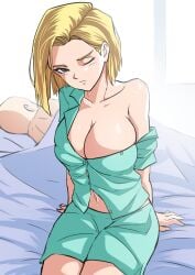 1boy 1girls android_18 bald blonde_female blonde_hair cleavage dragon_ball dragon_ball_z etzel female_focus in_bed krillin kuririn off_shoulder pijamas tight_clothing