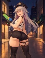 1girls ai_generated ass ass_focus big_ass big_butt curvy fingerless_gloves flat_chest from_behind hi_res hololive hololive_advent hololive_english hololive_grand_theft_auto huge_ass huge_butt koseki_bijou lavender_hair mogumachine police_uniform policewoman short_shorts slutty_outfit solo squirt_gun thick_thighs thigh_strap thighhighs thighs virtual_youtuber water_gun wink