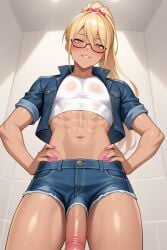 1boy abs ai_generated bathroom biting_lip blonde_hair blonde_hair_male blush blushing_at_viewer denim_clothing denim_jacket denim_shorts earrings femboy glasses gyaru hands_on_hips huge_cock hung_femboy hung_trap jacket looking_at_viewer nail_polish nails_painted penis ponytail pov red_eyes salamans shorts submissive_pov sweat sweating sweaty taker_pov trap