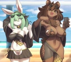 2girls anthro areola areolae breasts curvy curvy_female female female_focus furry furry_only nipples partially_clothed partially_clothed_female pokemon pokemon_(species) zinfyu