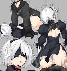 1boy 1girls anal android ass blindfold censored cleavage_cutout cum cum_in_pussy cumdrip doggy_style dress facial female gloves leotard leotard_aside multiple_views nakadashi negresco nier nier:_automata panties sex short_hair skirt straight thighhighs underwear white_hair yorha_2b yorha_9s