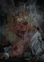 1boy 1girls black_eye bleeding blonde_hair blood broken_rape_victim brown_eyes bruise bukkake crying crying_with_eyes_open cum_in_pussy cum_on_breasts cum_on_face doggy_style drooling female gore gyaru hair_grab injury large_breasts light-skinned_female light_skin nipple_slip rape shitappa0120 torn_clothes wounded