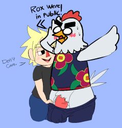 2018 animal_crossing anthro ass avian balls beak bedroom_eyes big_penis bird black_clothing black_shirt black_t-shirt black_topwear blonde_hair blue_background blue_bottomwear blue_clothing blue_pants blue_topwear blue_vest blush bottomwear bottomwear_down chicken clothed clothing dialogue digital_media_(artwork) duo english_text exclamation_point feathers flustered galliform gallus_(genus) genitals goose_(animal_crossing) green_clothing green_topwear green_vest grey_body grey_feathers grey_tail grey_tail_feathers hair half-closed_eyes hand_on_head hand_on_own_head human looking_at_another male male/male mammal multicolored_clothing multicolored_topwear multicolored_vest narrowed_eyes nintendo orange_beak orange_clothing orange_topwear orange_vest pants pants_down partially_clothed penis phasianid purple_clothing purple_topwear purple_vest red_nose roccorox seductive shirt simple_background standing t-shirt tail tail_feathers tan_body tan_ears tan_skin text tongue topwear undressing undressing_another vein veiny_penis vest villager_(animal_crossing) white_eyes yellow_clothing yellow_topwear yellow_vest