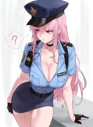 alternate_costume big_breasts bluefield breasts busty choker cleavage gloves hips hololive hololive_japan hololive_myth large_breasts mori_calliope pink_eyes pink_hair police police_hat police_officer police_uniform policewoman skirt thighs virtual_youtuber