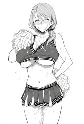 absurdres blush breasts cheerleader closed_eyes collarbone cum cum_on_body cum_on_breasts cum_on_clothes cum_on_legs facial female greyscale highres large_breasts long_hair lovebgmilf mature_female monochrome navel pom_pom_(cheerleading) sweat uzaki-chan_wa_asobitai! uzaki_tsuki wavy_mouth