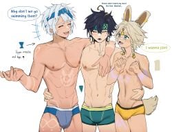 3boys abs bana_gameg black_hair blonde_hair bulge bulge_through_clothing bunny_ears cute embarrassed femboy gay genderswap_(ftm) gray_hair half_naked headband hourglass_figure kachina_(genshin_impact) kinich_(genshin_impact) male_only mualani_(genshin_impact) muscular penis_bulge rule_63 shirtless silver_hair tattoo tighty_whities twink underwear underwear_only