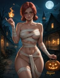 ai_generated breasts female freckles halloween halloween_costume light-skinned_female looking_at_viewer mummy_costume night penguih red_hair solo the_witcher_(series) the_witcher_3:_wild_hunt triss_merigold