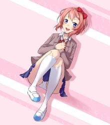 1female 1girls artifedex blue_eyes blue_skirt bow doki_doki_literature_club female female_only hair_bow hairbow panties pantyshot pantyshot_(sitting) red_bow red_hair_bow red_hairbow sayori_(doki_doki_literature_club) sitting skirt strawberry_blonde_hair white_panties