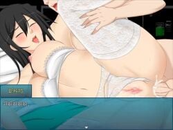 1girls 2boys anal anal_sex animated black_hair breasts chinese_text game_cg huge_breasts long_hair nipples penis_in_ass sex sound tagme vagina video white_legwear