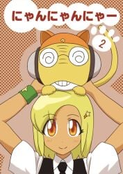 1boy angol_mois blonde_hair brown_eyes cat_ears dark-skinned_female dark_skin female gyaru hair_ornament hairclip keroro_gunsou kururu not_porn school_uniform sfw