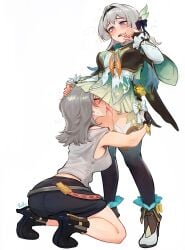 2girls blush breasts closed_eyes cunnilingus dress finger_in_own_mouth firefly_(honkai:_star_rail) gloves grey_hair hairband hand_on_another's_head head_under_skirt highres honkai:_star_rail honkai_(series) kneeling long_hair medium_breasts multiple_girls open_mouth oral purple_eyes pussy rollo_(kuyuen1) shirt shoes shorts simple_background skirt stelle_(honkai:_star_rail) t-shirt thighhighs tongue trailblazer_(honkai:_star_rail) white_background yuri