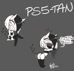 black_and_white black_socks black_tuft black_underwear console-tan demon_girl demon_tail horny_female ps5-tan seductive sharp_teeth short_girl showing_ass small_breasts sony_interactive_entertainment tail tongue_out unknown_artist white_hair white_skinned_female wrist_guards