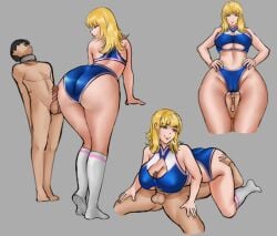 1girl1boy ass_in_face blonde_hair buttjob clothed_female_nude_male collar femdom head_between_thighs large_breasts paizuri pandak_(artist) titjob