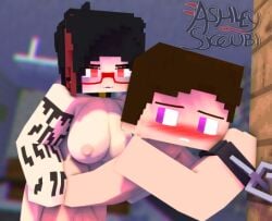 1boy1girl angel-matty angelmatty ashley_succubi black_hair breasts brown_hair chained collar dominant_female embarrassed_nude_male erection female_on_male mine-imator minecraft punishment purple_eyes red_eyes red_glasses rubbing strap-on submissive_male tattoo_on_arm tribadism_on_anus