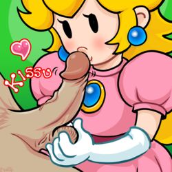 bishopbb black_eyes blonde_hair clothed_female_nude_male dress earrings elbow_gloves fellatio female gloves heart kissing long_hair male mario_(series) mob_face nintendo oral paper_mario paper_peach penis penis_kiss princess_peach simple_face straight testicles text