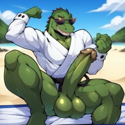 1boy 1furry 1male ai_generated alligator anthro beach big_balls big_penis brutal_paws_of_fury crocodile crocodilian erection frosting.ai furry furry_balls furry_male furry_only furry_penis gay gay_male green_body karate_croc large_penis male male_focus male_only muscle muscles muscular muscular_anthro muscular_male red_eyes reptile reptile_humanoid smiling solo solo_focus solo_male sugar1989 sunglasses sunglasses_on_head video_game video_game_character