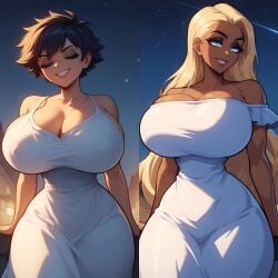 2girls ai_generated blonde_hair blue_eyes cleavage dress huge_breasts long_hair night night_sky short_hair slim_waist thick_thighs tomboy